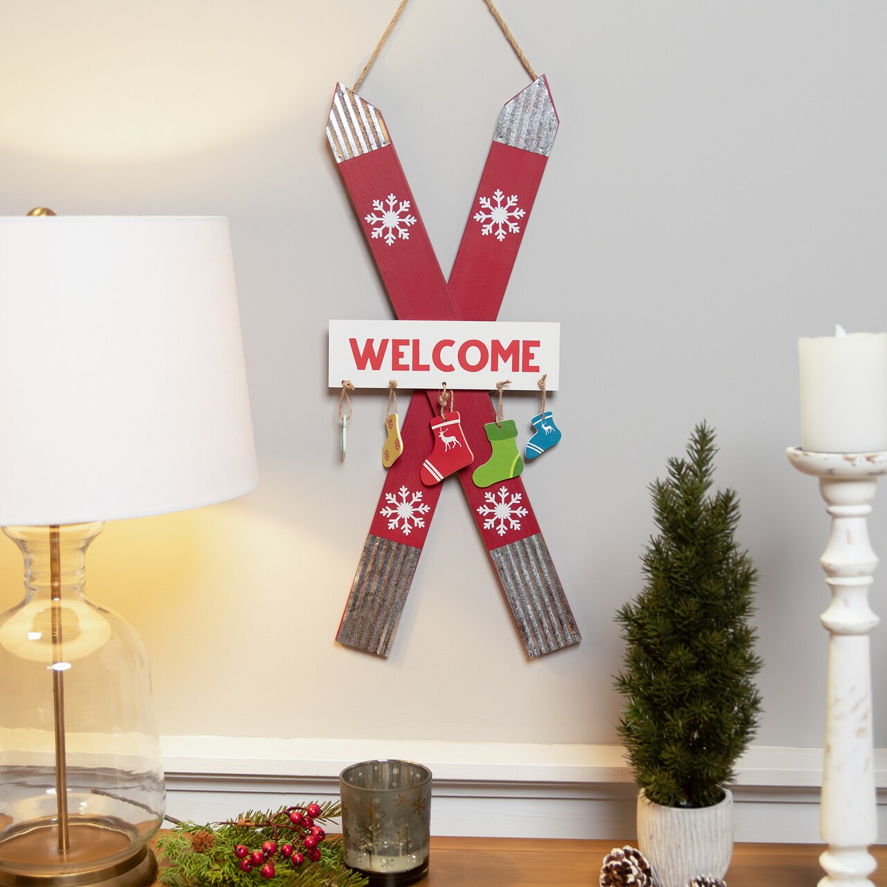 Northlight Wooden Welcome Skis with Christmas Stockings Hanging Decoration - 23.5"